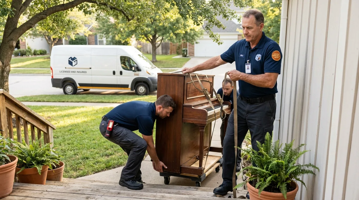 Licensed piano movers securing grand piano in Hawthorne, NY
