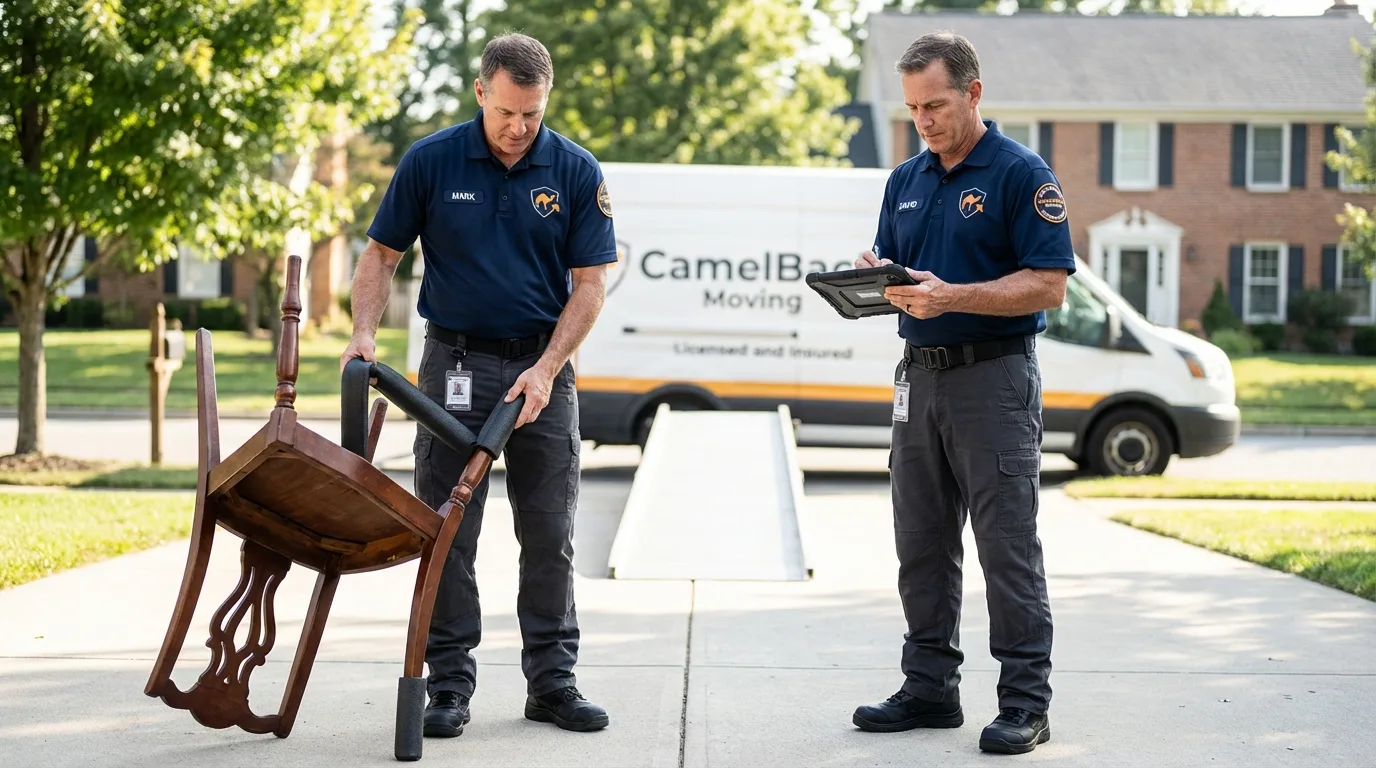 Movers inspecting furniture for damage prevention before loading in Hawthorne, NY